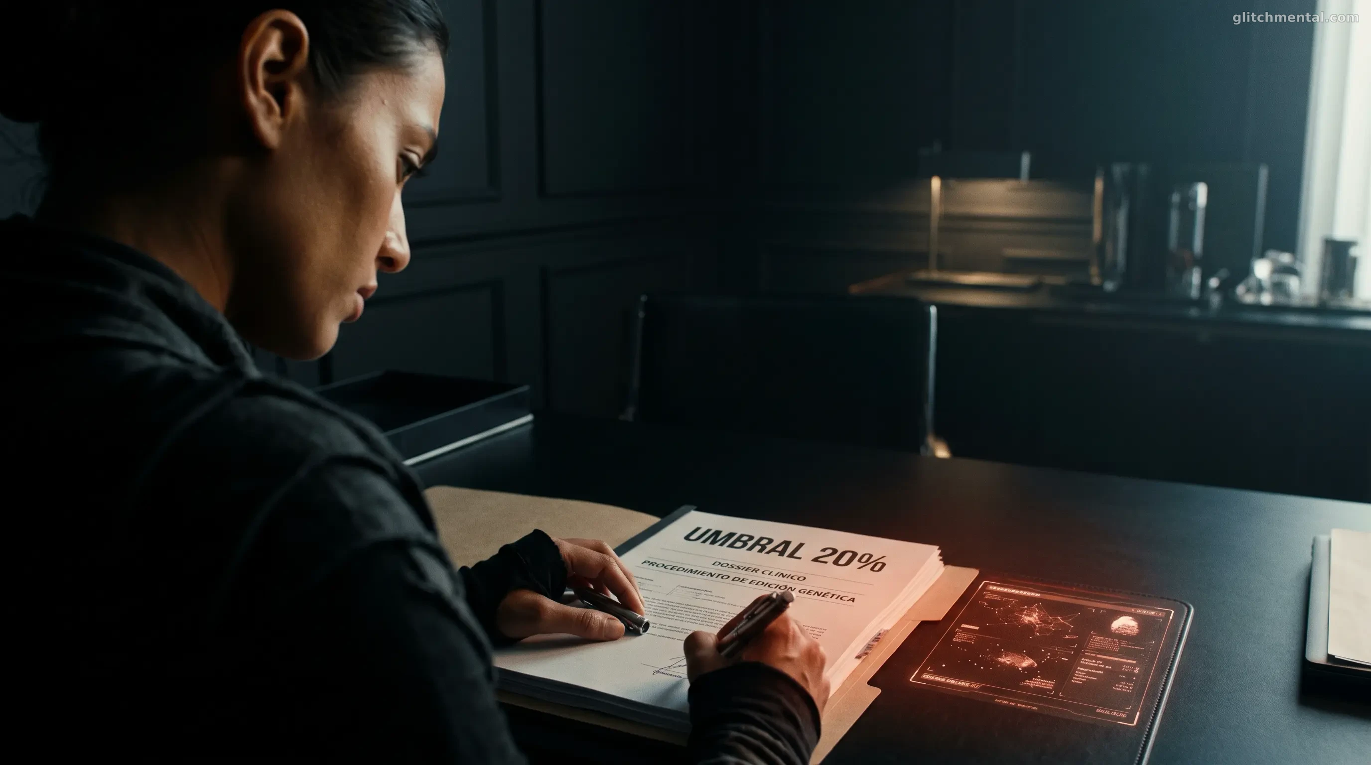 UMBRAL 20: mujer joven firmando un grueso dossier clínico bajo luz dramática de alto contraste